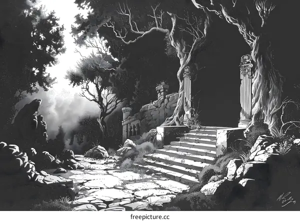 black and white drawing of a temple ruin in a forest