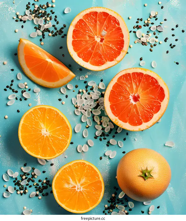 Fresh Oranges and Grapefruits on Blue Background