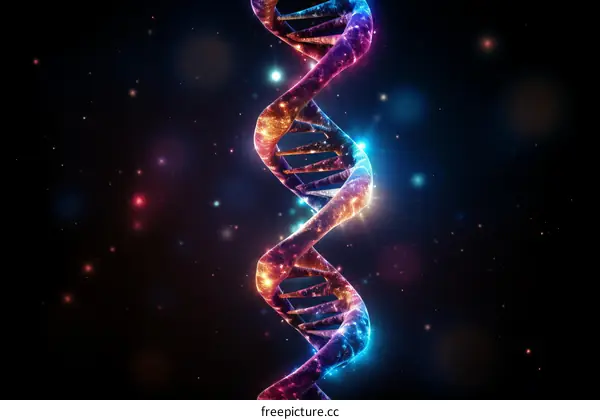 Double helix structure of DNA molecule with glowing particles