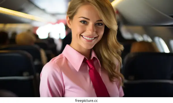 Portrait of a beautiful stewardess with blonde hair in uniform smiling at the camera