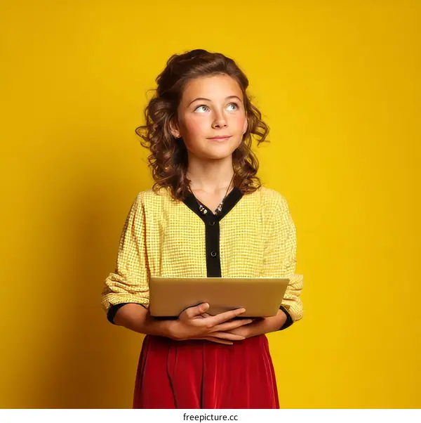 Thoughtful Girl with a Tablet on Yellow Background