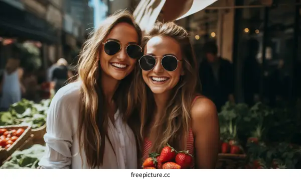 Two young women at a market smiling and holding strawberries