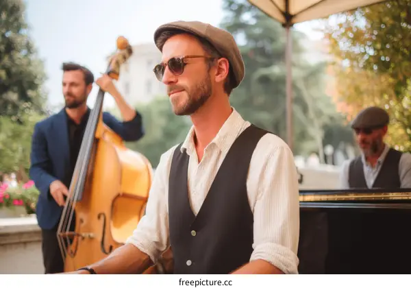 Outdoor Jazz Musicians Playing Instruments