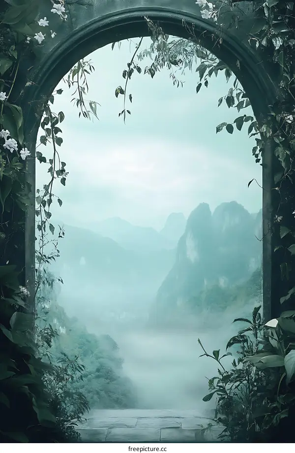 Stone Archway with Misty Mountain View