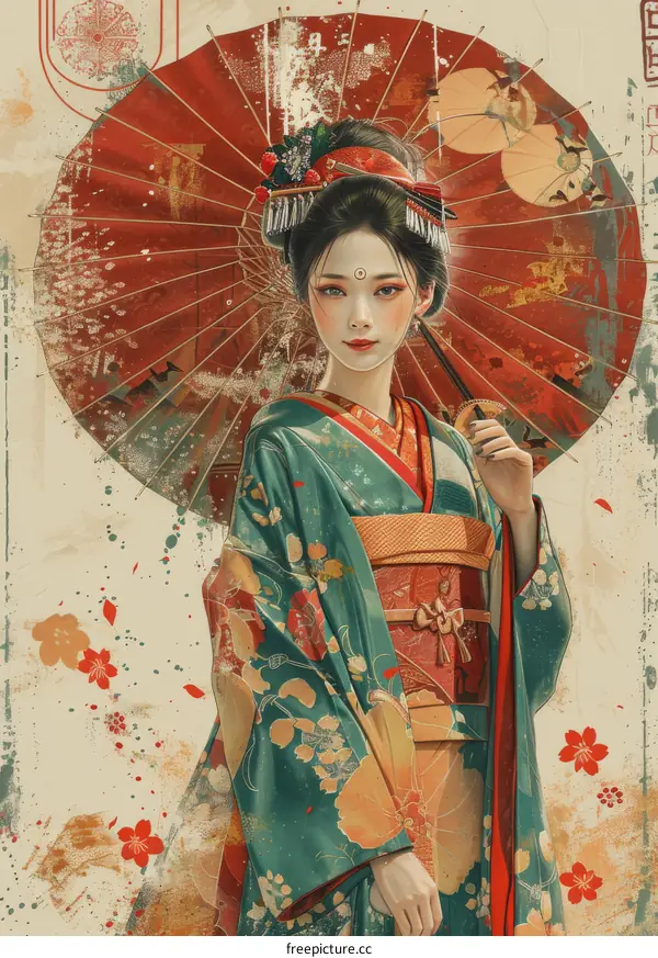 An illustration of a Japanese woman in traditional clothing holding a red umbrella.