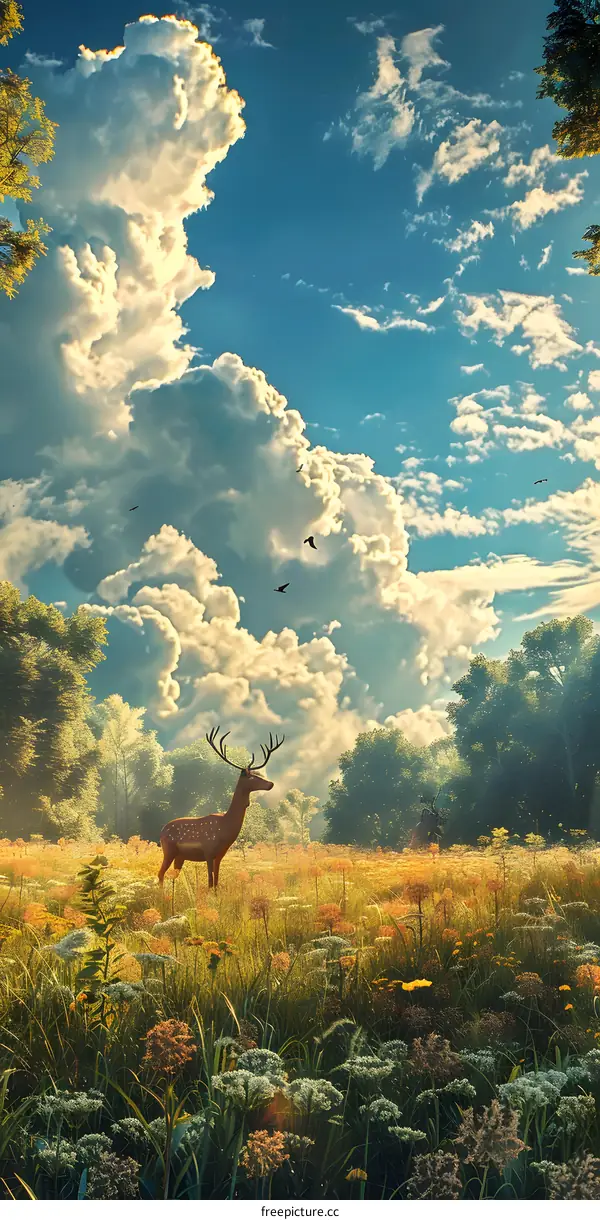 A deer stands in a field of tall grass, surrounded by a dense forest and towering mountains