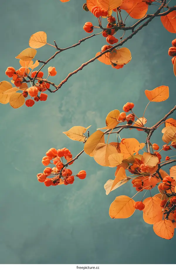 Orange Berries and Yellow Leaves on Tree Branch Against Blue Sky