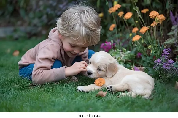 Happy Little Boy Playing with Golden Retriever Puppy in Garden