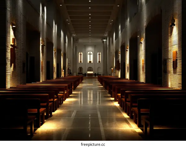 Empty Church Interior with Wooden Benches