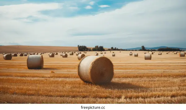 Field of hay bales under blue sky