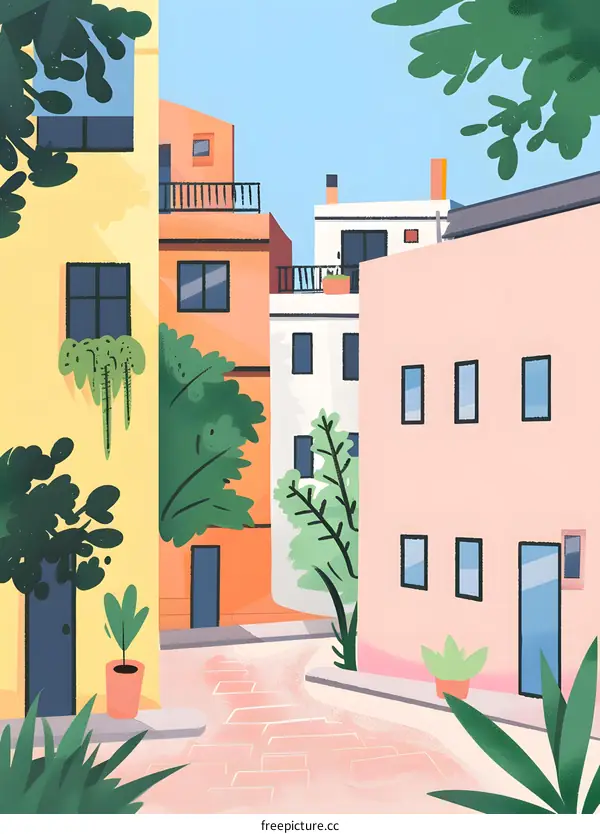 Colorful European Style Street Illustration