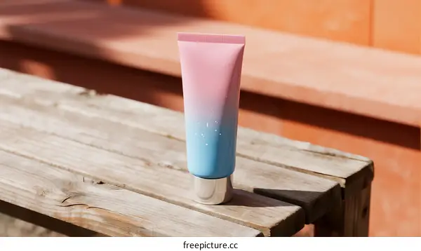 A pink and blue gradient tube of skincare product on wooden table