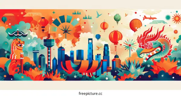 Illustration of a city with a dragon and a phoenix