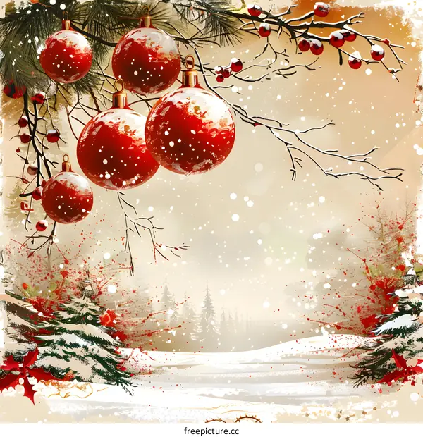 Christmas red balls and snow-covered pine branches