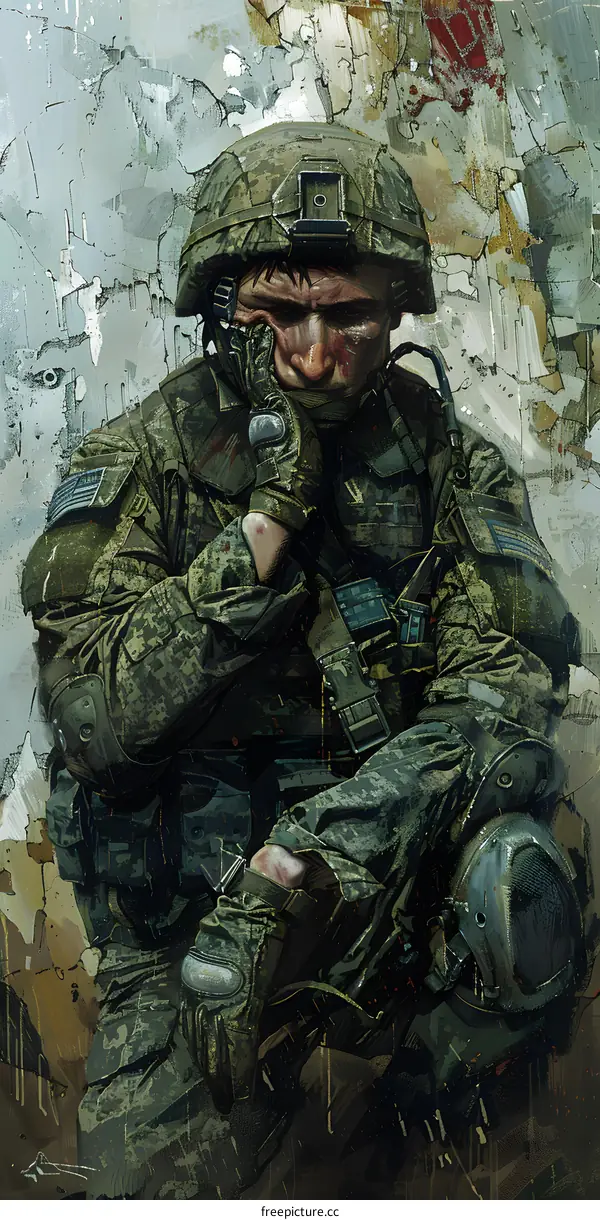 A soldier wearing a helmet and camouflage uniform is sitting on the ground with his hand on his face.