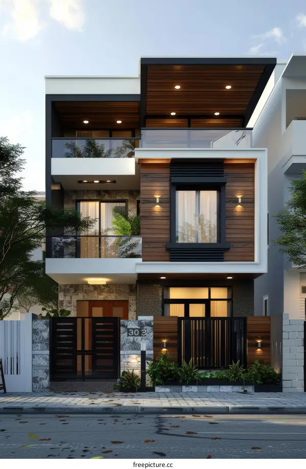 Modern House Facade Design with Wooden Accents