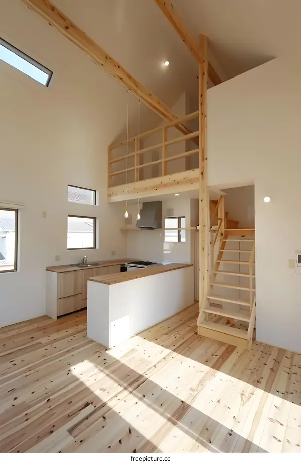 Modern Minimalist Loft Apartment Interior Design with Wooden Beams and Floorboards