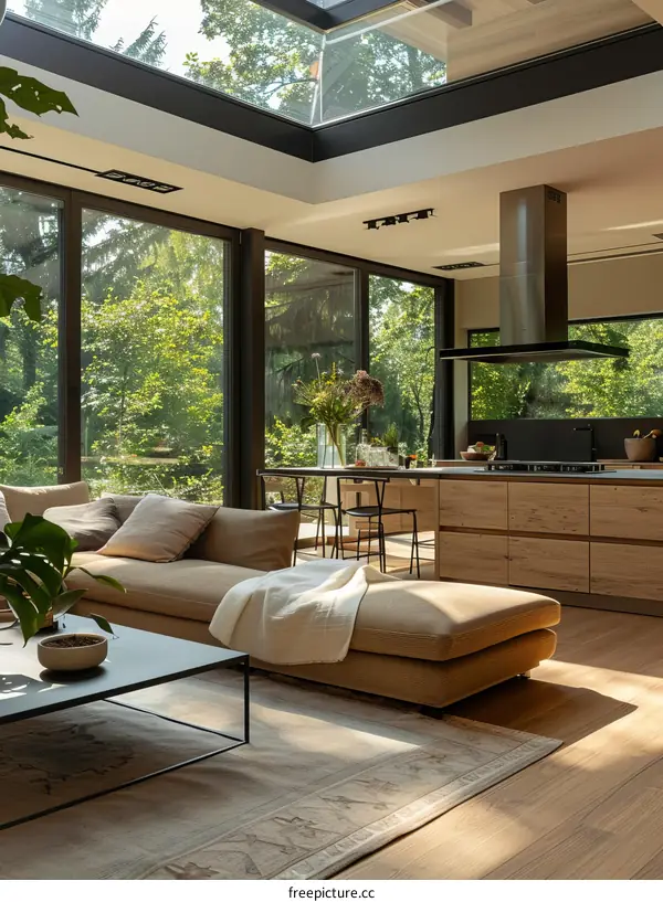 Modern Living Room with High Ceiling and Large Windows