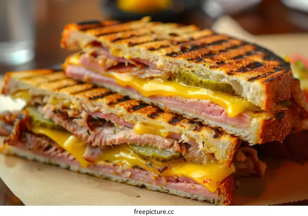 A delicious ham and cheese sandwich with pickles on a wooden table