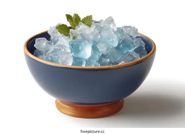Blue Bowl Filled with Ice Cubes and Mint