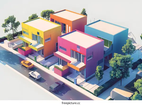 Colorful Modern Houses with White Rooftops and Green Trees