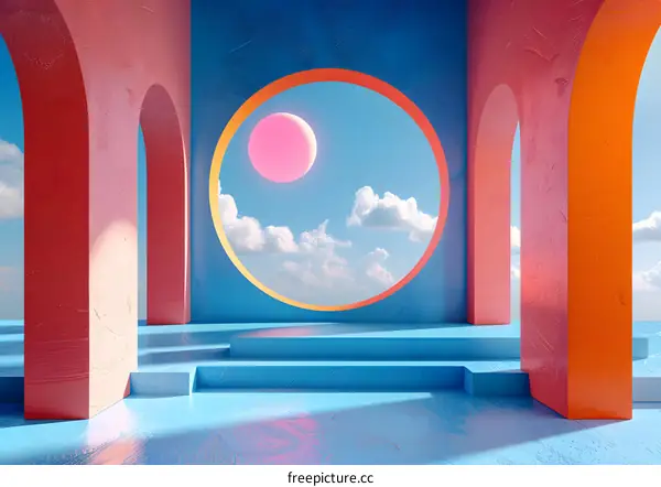 Abstract 3D Architecture With Colorful Walls And A Circular Window Showing A Blue Sky And Clouds