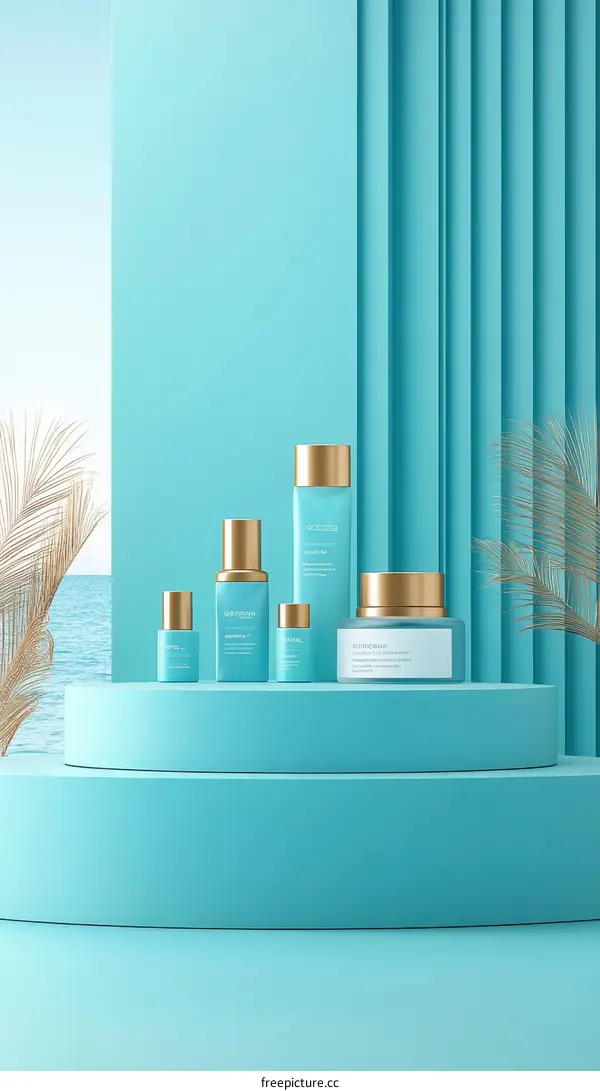 Aqua-toned Cosmetic Display Against Teal Backdrop