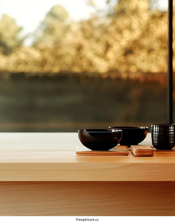 Japanese Style Wooden Table with Tea Bowls