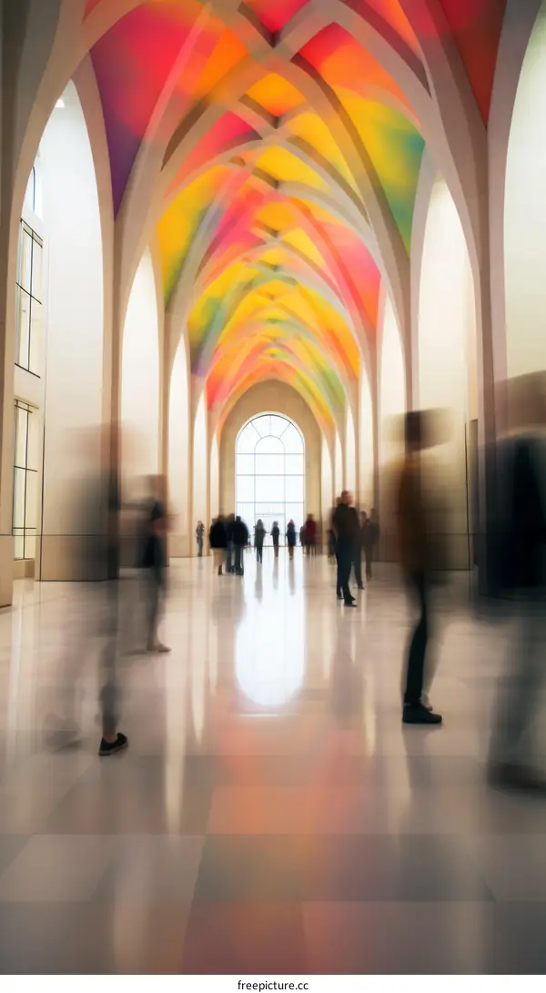 Modern colorful architecture interior with blurred motion people walking through it