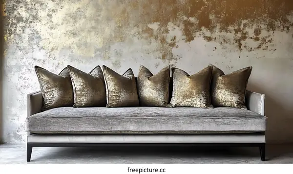 Modern Gray Velvet Sofa with Gold Accents