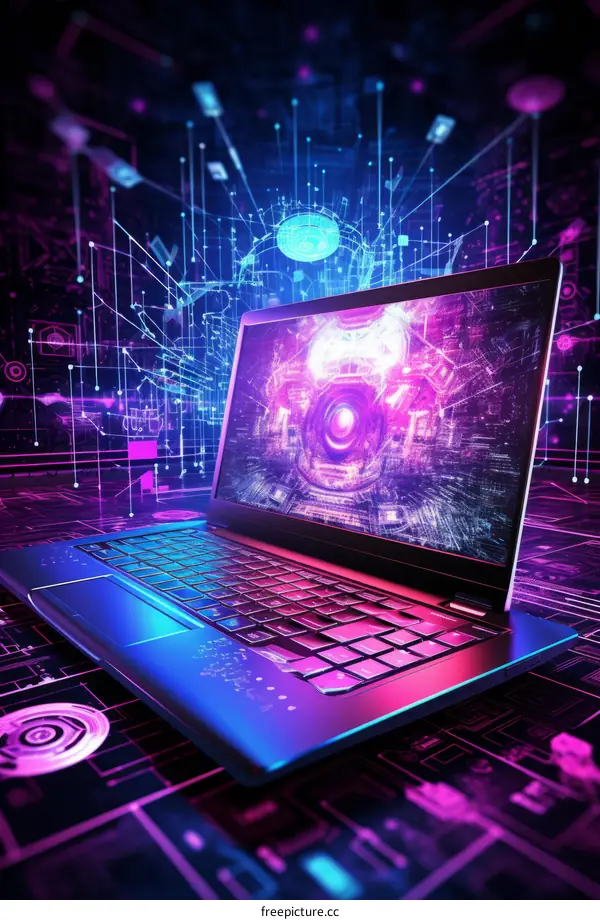 Laptop Computer with Motherboard Circuitry and Cyber Eye Symbol on Screen