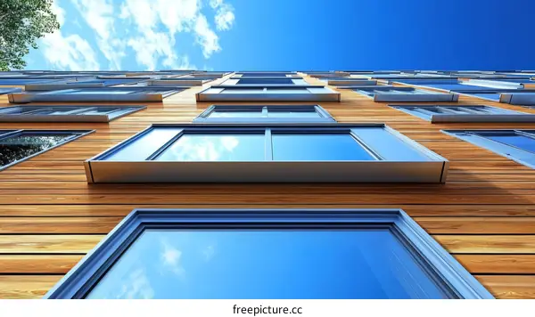 Modern Building Facade with Wooden Cladding and Windows