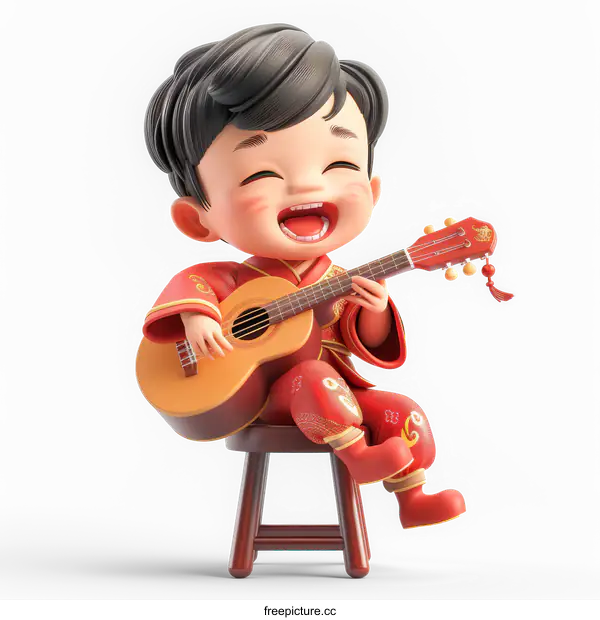 [Transparent Background PNG]A 3D rendering of a Chinese boy playing the guitar