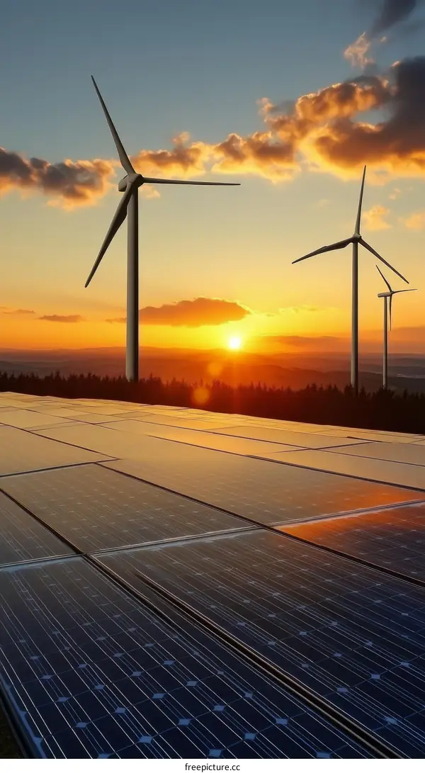 Renewable Energy Sunrise over Solar Panels and Wind Turbines