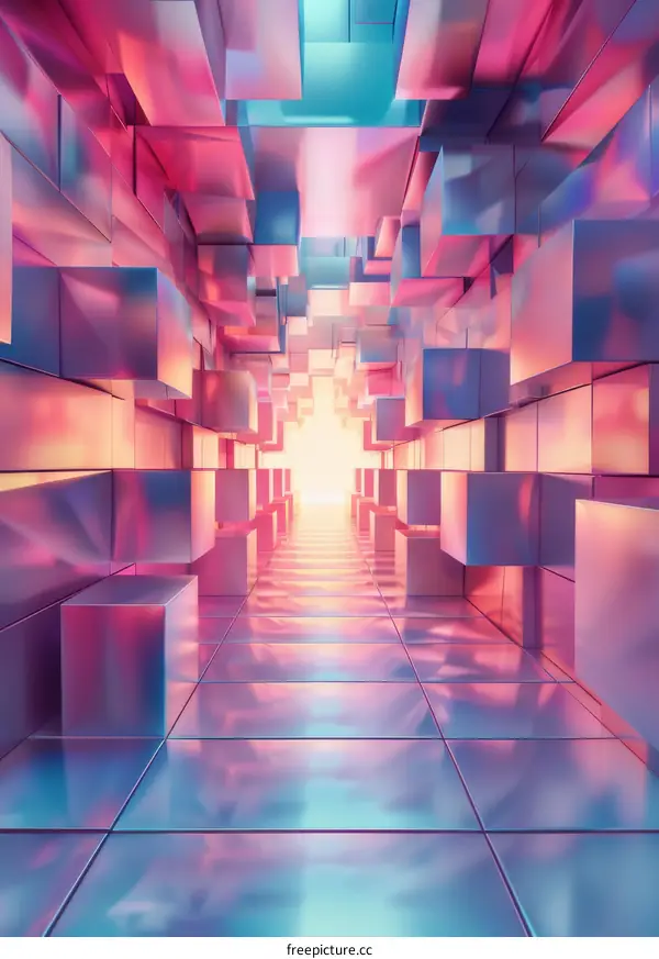 Futuristic Tunnel in Pink and Blue with Abstract Geometric Cubes