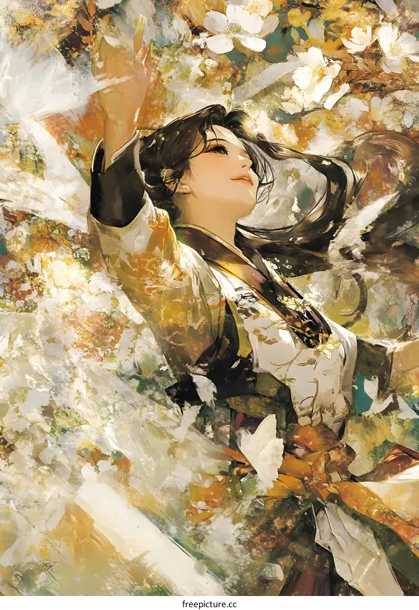 Woman with Long Hair in a Yellow Robe With Flowers Around Her