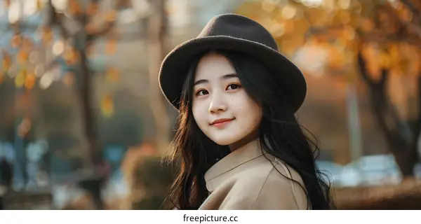 Young Asian Woman in Hat Looking at Camera with a Soft Smile