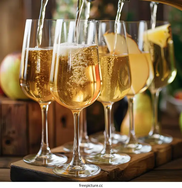 Close Up of Glasses of Sparkling Cider with Pear Slices