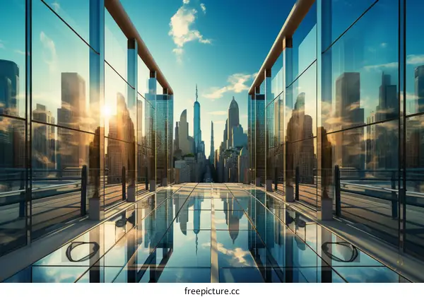 Modern city skyscrapers with glass windows reflecting the cityscape