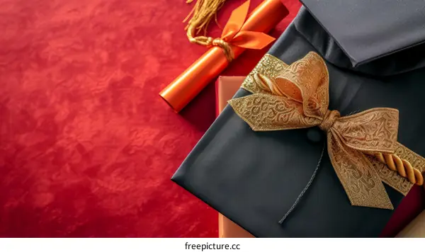 Black graduation cap and diploma on red background