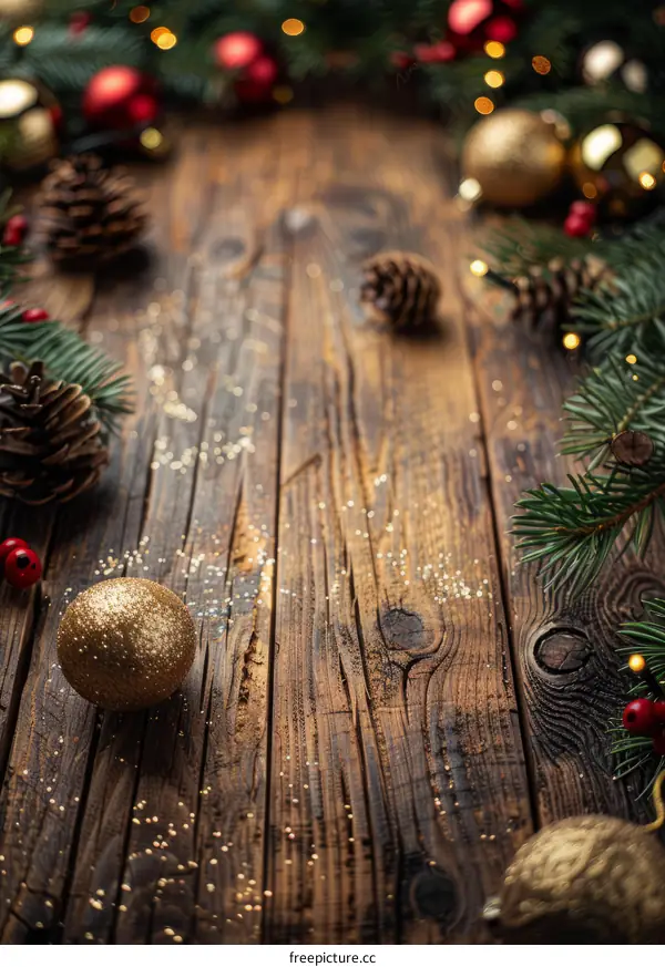 Christmas Background with Fir Branches, Pine Cones, and Golden Balls