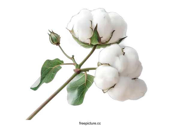 [Transparent Background PNG]White Cotton Flower Branch With Green Leaves On White Background