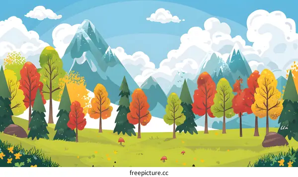 Autumn Forest Landscape with Mountain View