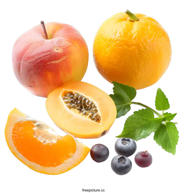 [Transparent Background PNG]Fresh Fruit Assortment With Apple Orange Papaya And Blueberries