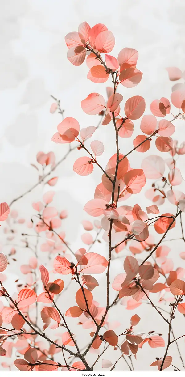 Pink Leaves Branch Against White Sky