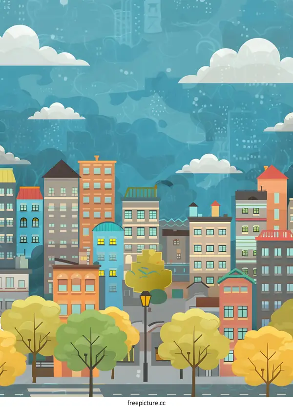 Cartoon Cityscape with Clouds and Trees