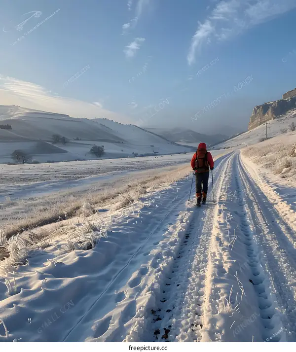 A lone hiker traverses a snowy field