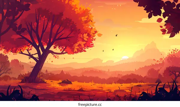 Autumn Landscape with Red Tree and Sunset