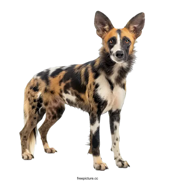[Transparent Background PNG]African wild dog standing, Lycaon pictus, isolated on white