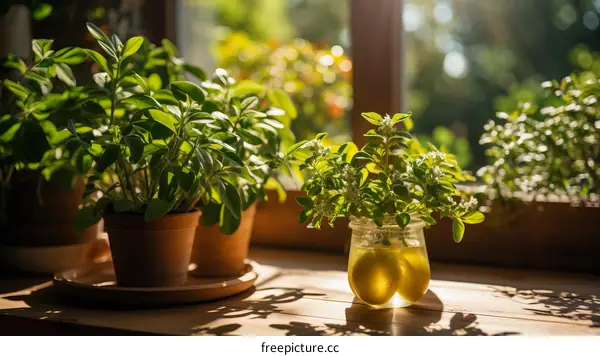 A sunny windowsill with potted plants and a jar of flowers